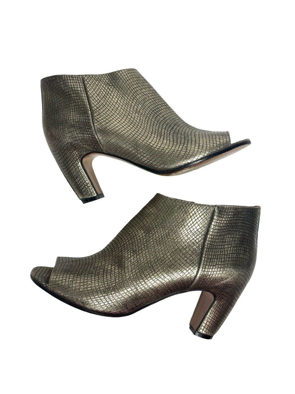 Maison Margiela | Archive Gold Metallic Leather Snakeskin Print Peep Toe Booties